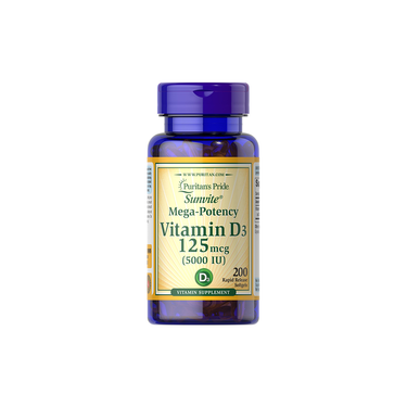 Puritan's Pride Vitamin D3 125 mcg (5000 IU) offers 200 rapid release softgels, known as the sunshine vitamin, to help support your immune system.